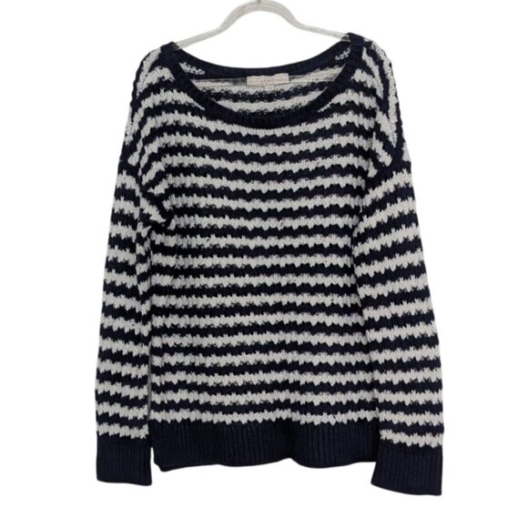 LOFT Stripe Crochet Knit Sweater Womens Size Large Blue White Nautical Casual - Picture 1 of 10